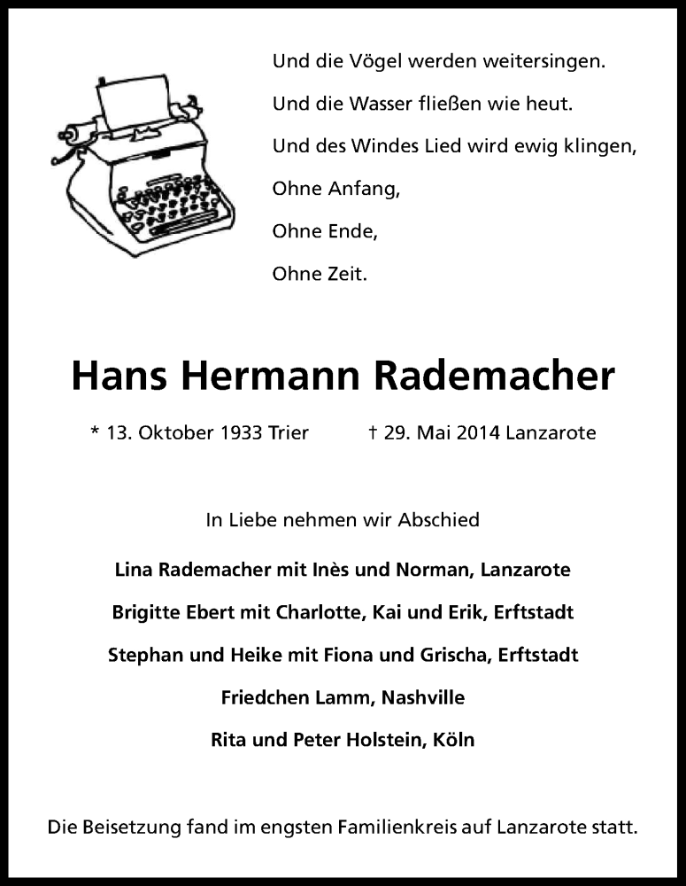  Traueranzeige für Hans Hermann Rademacher vom 07.06.2014 aus Kölner Stadt-Anzeiger / Kölnische Rundschau / Express