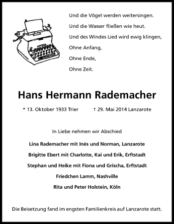 Anzeige von Hans Hermann Rademacher von Kölner Stadt-Anzeiger / Kölnische Rundschau / Express