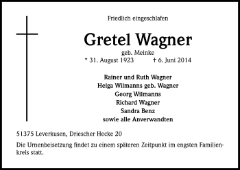 Anzeige von Gretel Wagner von Kölner Stadt-Anzeiger / Kölnische Rundschau / Express