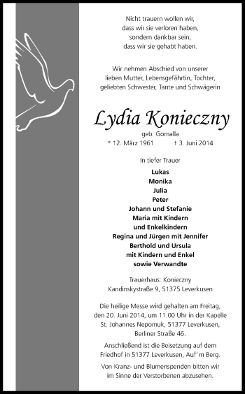 Anzeige von Lydia Konieczny von Kölner Stadt-Anzeiger / Kölnische Rundschau / Express