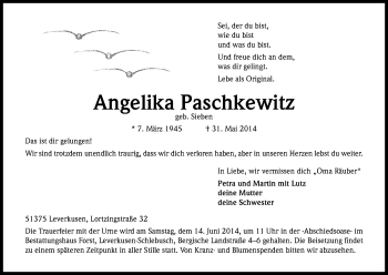Anzeige von Angelika Paschkewitz von Kölner Stadt-Anzeiger / Kölnische Rundschau / Express