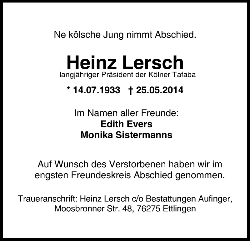  Traueranzeige für Heinz Lersch vom 10.06.2014 aus Kölner Stadt-Anzeiger / Kölnische Rundschau / Express