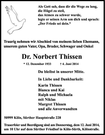 Anzeige von Norbert Thissen von Kölner Stadt-Anzeiger / Kölnische Rundschau / Express