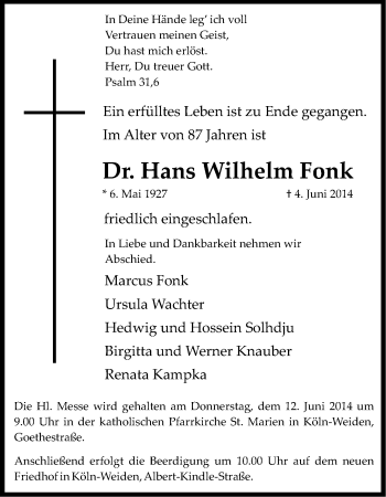 Anzeige von Hans Wilhelm Fonk von Kölner Stadt-Anzeiger / Kölnische Rundschau / Express