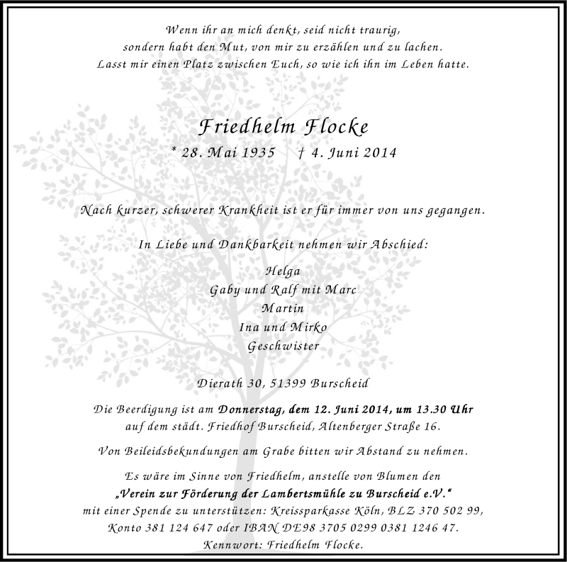  Traueranzeige für Friedhelm Flocke vom 10.06.2014 aus Kölner Stadt-Anzeiger / Kölnische Rundschau / Express