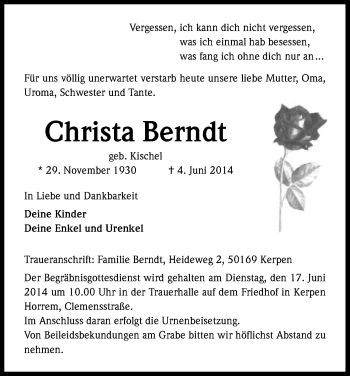 Anzeige von Christa Berndt von Kölner Stadt-Anzeiger / Kölnische Rundschau / Express