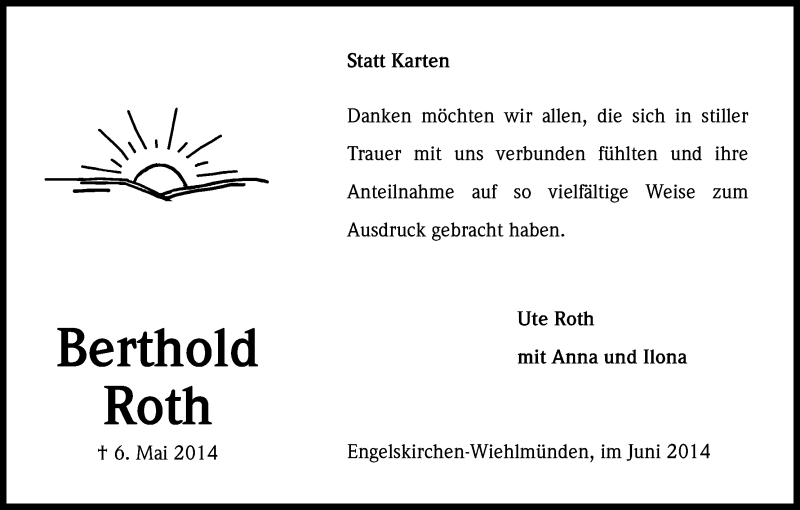  Traueranzeige für Berthold Roth vom 14.06.2014 aus Kölner Stadt-Anzeiger / Kölnische Rundschau / Express