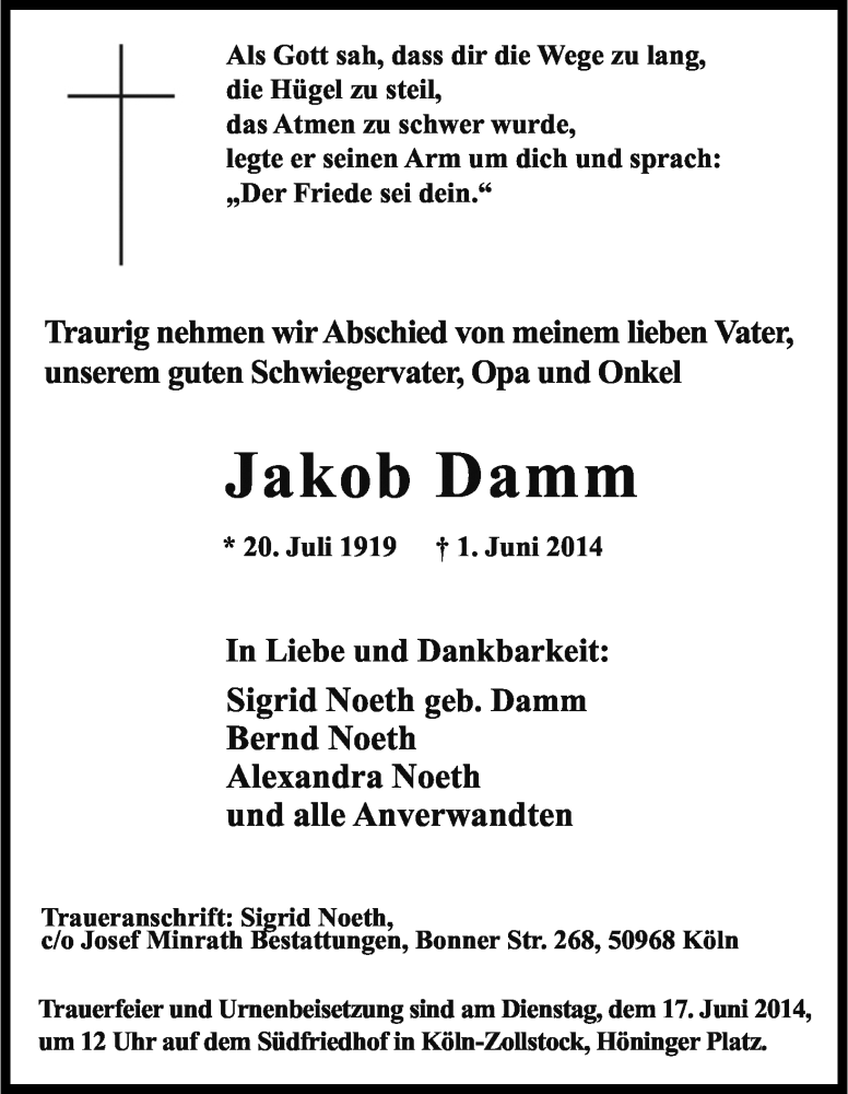  Traueranzeige für Jakob Damm vom 11.06.2014 aus Kölner Stadt-Anzeiger / Kölnische Rundschau / Express