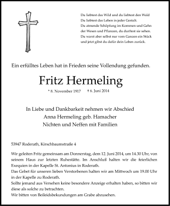 Anzeige von Fritz Hermeling von Kölner Stadt-Anzeiger / Kölnische Rundschau / Express