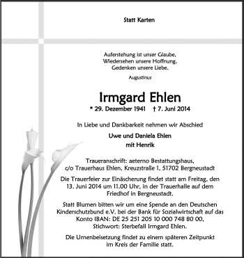 Anzeige von Irmgard Ehlen von Kölner Stadt-Anzeiger / Kölnische Rundschau / Express