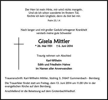 Anzeige von Gisela Mittler von Kölner Stadt-Anzeiger / Kölnische Rundschau / Express