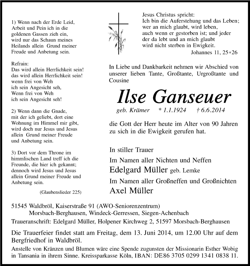  Traueranzeige für Ilse Ganseuer vom 11.06.2014 aus Kölner Stadt-Anzeiger / Kölnische Rundschau / Express