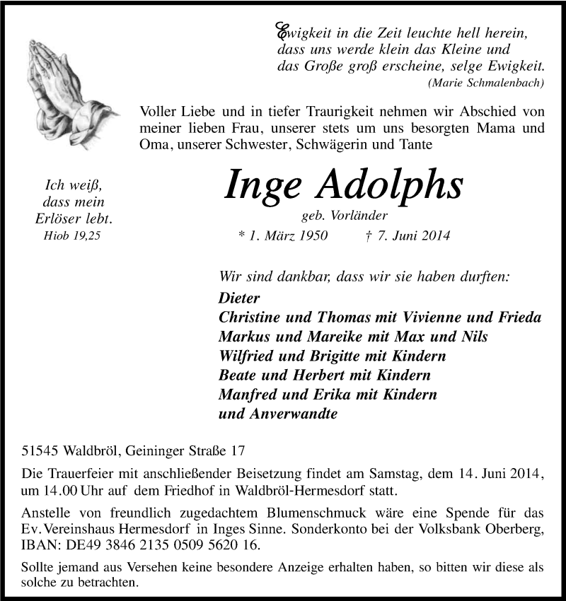  Traueranzeige für Inge Adolphs vom 11.06.2014 aus Kölner Stadt-Anzeiger / Kölnische Rundschau / Express