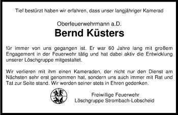 Anzeige von Bernd Küsters von Kölner Stadt-Anzeiger / Kölnische Rundschau / Express
