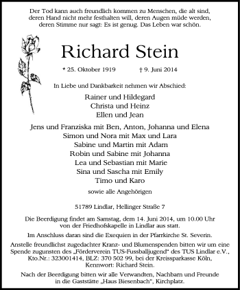 Anzeige von Richard Stein von Kölner Stadt-Anzeiger / Kölnische Rundschau / Express