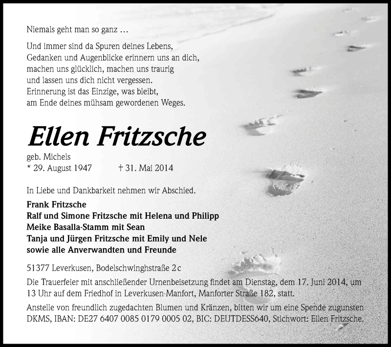  Traueranzeige für Ellen Fritzsche vom 11.06.2014 aus Kölner Stadt-Anzeiger / Kölnische Rundschau / Express