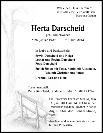 Anzeige von Herta Darscheid von Kölner Stadt-Anzeiger / Kölnische Rundschau / Express