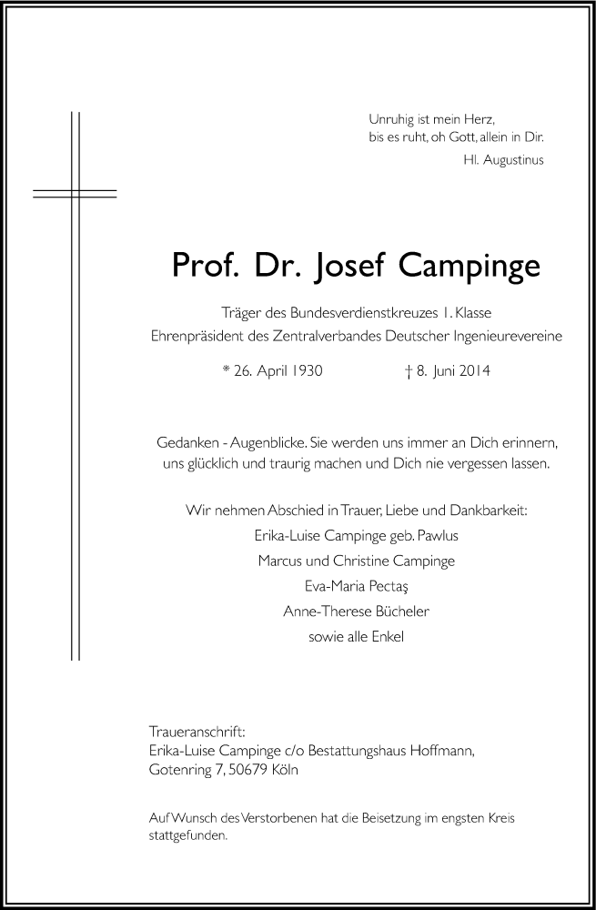  Traueranzeige für Josef Campinge vom 21.06.2014 aus Kölner Stadt-Anzeiger / Kölnische Rundschau / Express