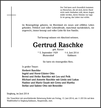 Anzeige von Gertrud Raschke von Kölner Stadt-Anzeiger / Kölnische Rundschau / Express