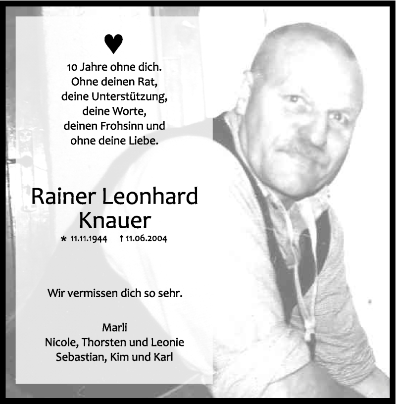  Traueranzeige für Rainer Leonhard Knauer vom 11.06.2014 aus Kölner Stadt-Anzeiger / Kölnische Rundschau / Express