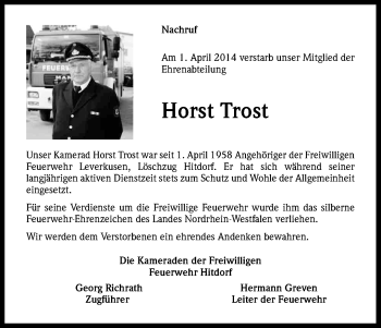 Anzeige von Horst Trost von Kölner Stadt-Anzeiger / Kölnische Rundschau / Express