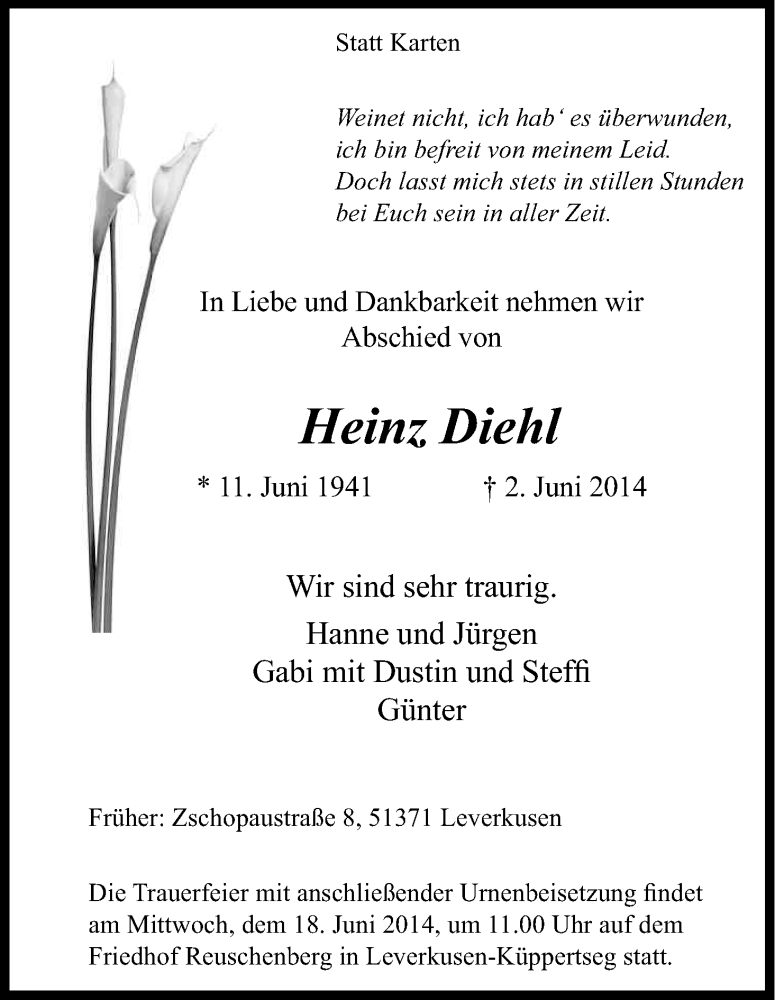  Traueranzeige für Heinz Diehl vom 11.06.2014 aus Kölner Stadt-Anzeiger / Kölnische Rundschau / Express
