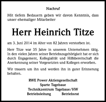 Anzeige von Heinrich Titze von Kölner Stadt-Anzeiger / Kölnische Rundschau / Express