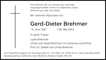 Anzeige von Gerd-Dieter Brehmer von Kölner Stadt-Anzeiger / Kölnische Rundschau / Express