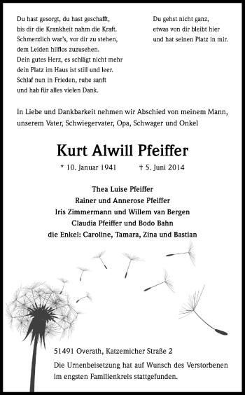 Anzeige von Kurt Alwill Pfeiffer von Kölner Stadt-Anzeiger / Kölnische Rundschau / Express