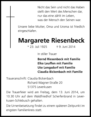Anzeige von Margarete Riesenbeck von Kölner Stadt-Anzeiger / Kölnische Rundschau / Express