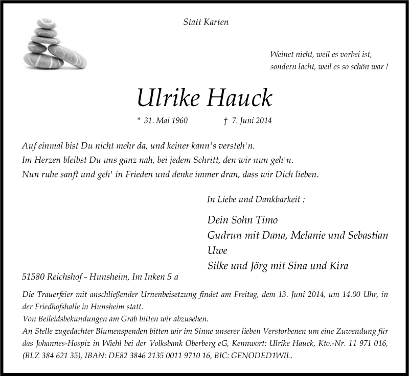  Traueranzeige für Ulrike Hauck vom 11.06.2014 aus Kölner Stadt-Anzeiger / Kölnische Rundschau / Express