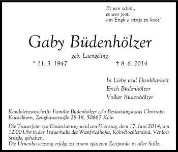 Anzeige von Gaby Büdenhölzer von Kölner Stadt-Anzeiger / Kölnische Rundschau / Express