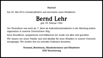 Anzeige von Bernd Lehr von Kölner Stadt-Anzeiger / Kölnische Rundschau / Express