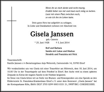 Anzeige von Gisela Janssen von Kölner Stadt-Anzeiger / Kölnische Rundschau / Express