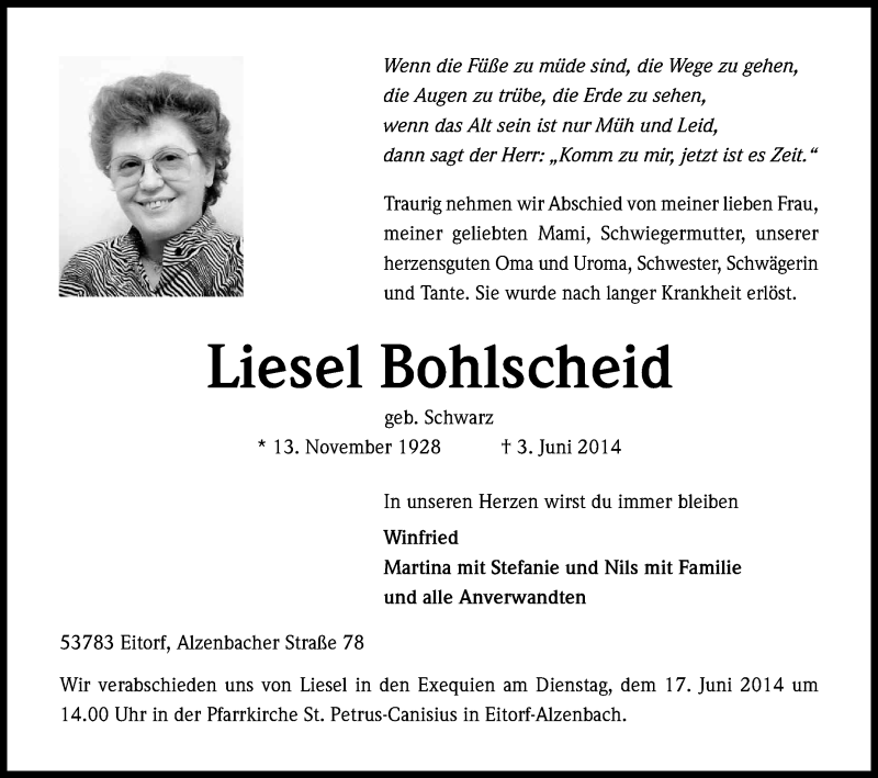  Traueranzeige für Liesel Bohlscheid vom 14.06.2014 aus Kölner Stadt-Anzeiger / Kölnische Rundschau / Express