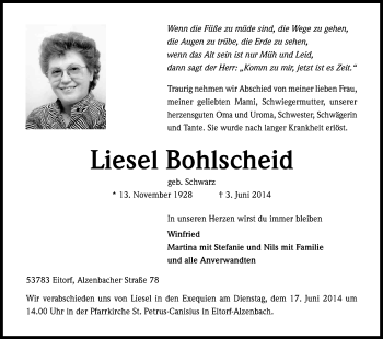 Anzeige von Liesel Bohlscheid von Kölner Stadt-Anzeiger / Kölnische Rundschau / Express