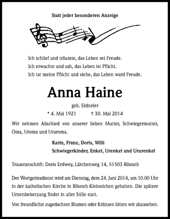 Anzeige von Anna Haine von Kölner Stadt-Anzeiger / Kölnische Rundschau / Express