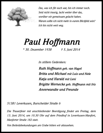 Anzeige von Paul Hoffmann von Kölner Stadt-Anzeiger / Kölnische Rundschau / Express