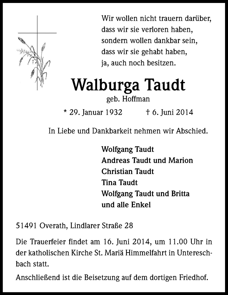  Traueranzeige für Walburga Taudt vom 12.06.2014 aus Kölner Stadt-Anzeiger / Kölnische Rundschau / Express