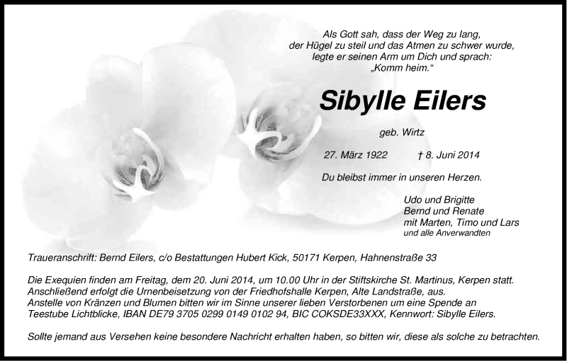  Traueranzeige für Sibylle Eilers vom 14.06.2014 aus Kölner Stadt-Anzeiger / Kölnische Rundschau / Express