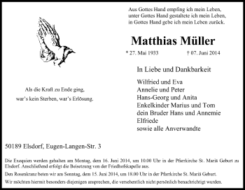 Anzeige von Matthias Müller von Kölner Stadt-Anzeiger / Kölnische Rundschau / Express
