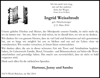Anzeige von Ingrid Weissbrodt von Kölner Stadt-Anzeiger / Kölnische Rundschau / Express