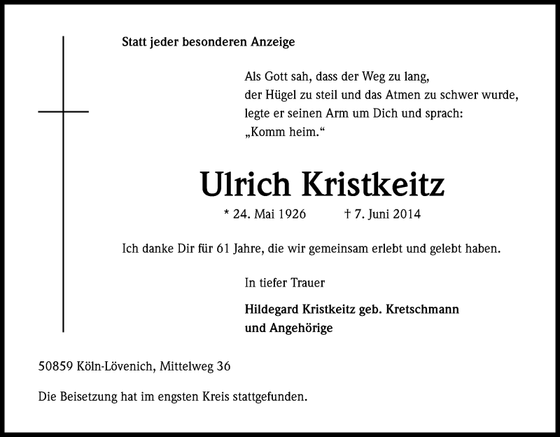 Traueranzeige für Ulrich Kriseitz vom 14.06.2014 aus Kölner Stadt-Anzeiger / Kölnische Rundschau / Express