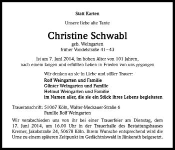 Anzeige von Christine Schwabl von Kölner Stadt-Anzeiger / Kölnische Rundschau / Express