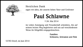 Anzeige von Paul Schlawne von Kölner Stadt-Anzeiger / Kölnische Rundschau / Express