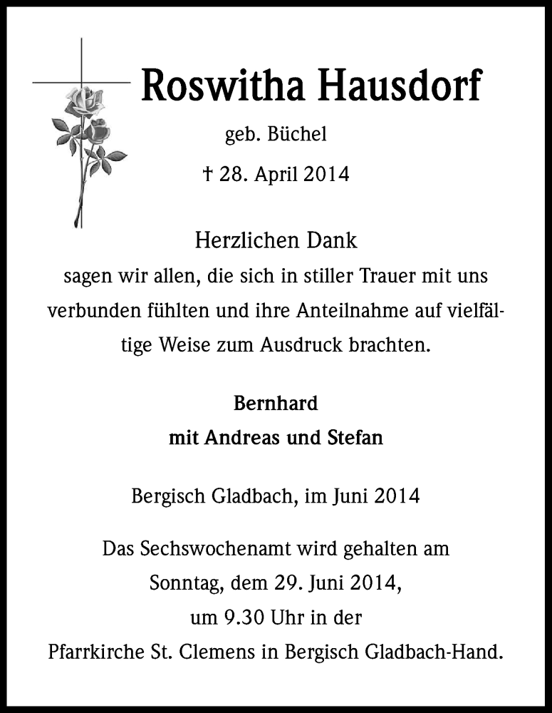  Traueranzeige für Roswitha Hausdorf vom 21.06.2014 aus Kölner Stadt-Anzeiger / Kölnische Rundschau / Express
