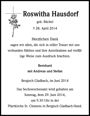 Anzeige von Roswitha Hausdorf von Kölner Stadt-Anzeiger / Kölnische Rundschau / Express