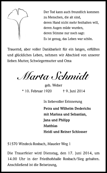 Anzeige von Marta Schmidt von Kölner Stadt-Anzeiger / Kölnische Rundschau / Express
