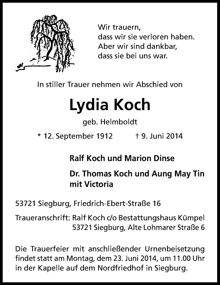  Traueranzeige für Lydia Koch vom 14.06.2014 aus Kölner Stadt-Anzeiger / Kölnische Rundschau / Express