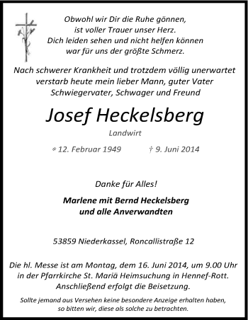 Anzeige von Josef Heckelsberg von Kölner Stadt-Anzeiger / Kölnische Rundschau / Express